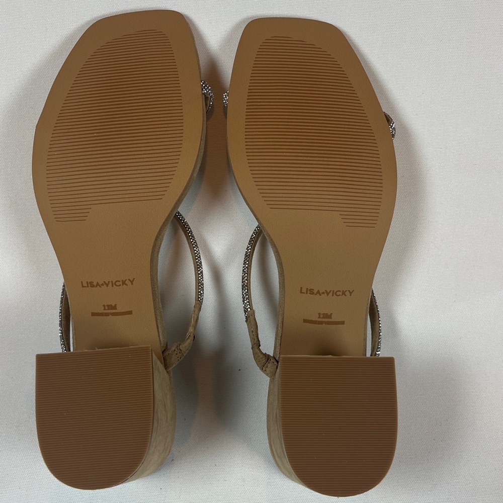 Lisa Vicky Nude Suede Rhinestone Block Heel Mood Sandals 11 NIB - Picture 6 of 7